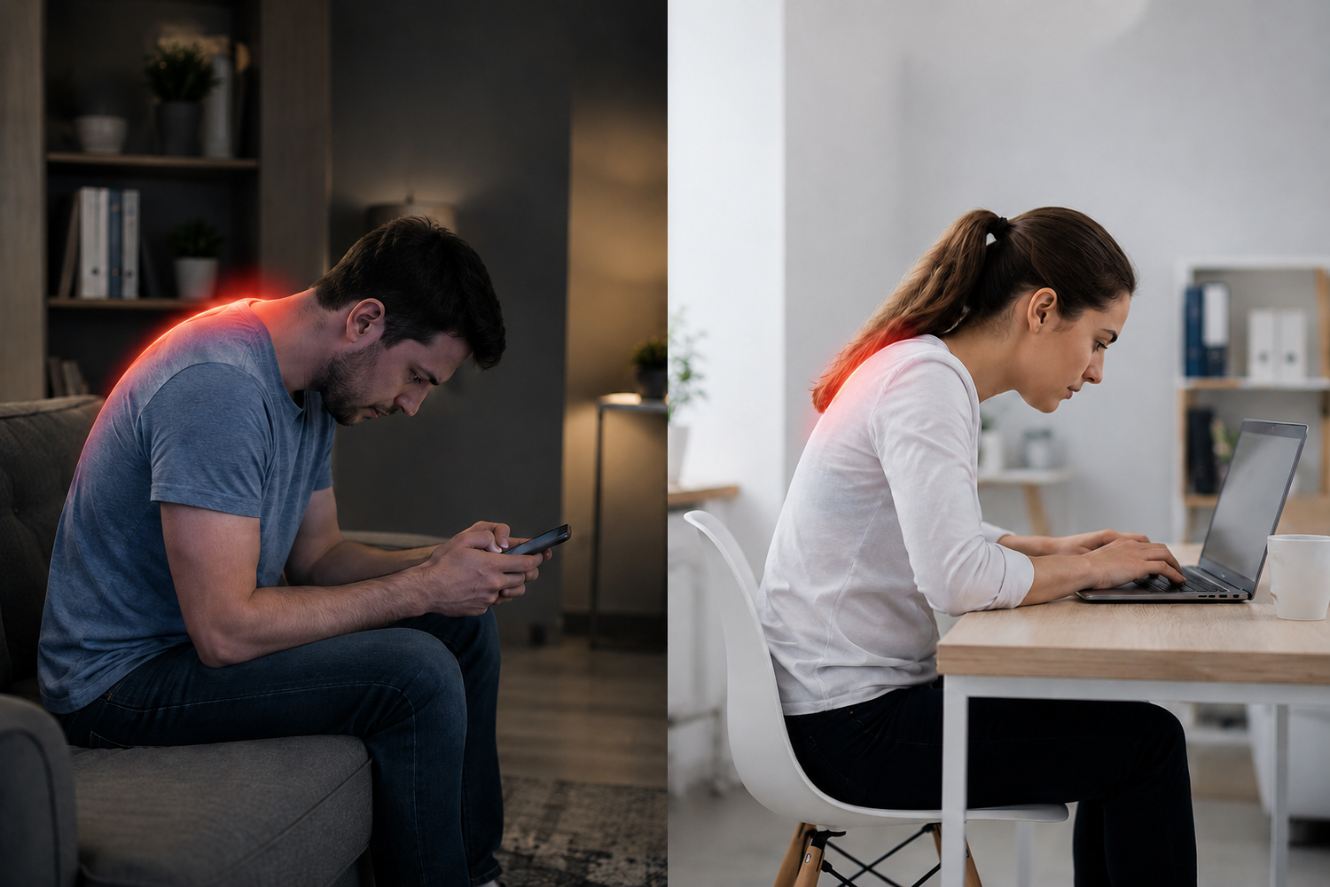Man using a phone in a dimly lit room and woman working on a laptop in a well-lit room.